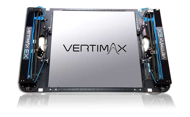 Vertimax EX System (8 bands), 4'x6' platform with 4'x4' landing mat. Includes (1) 360 Belt, (1) Waist harness, (1) Hip Flexor Harness, (1) Palm Strap Set, (1) Ankle Strap Set, (1) Users Manual, (1) User DVD.